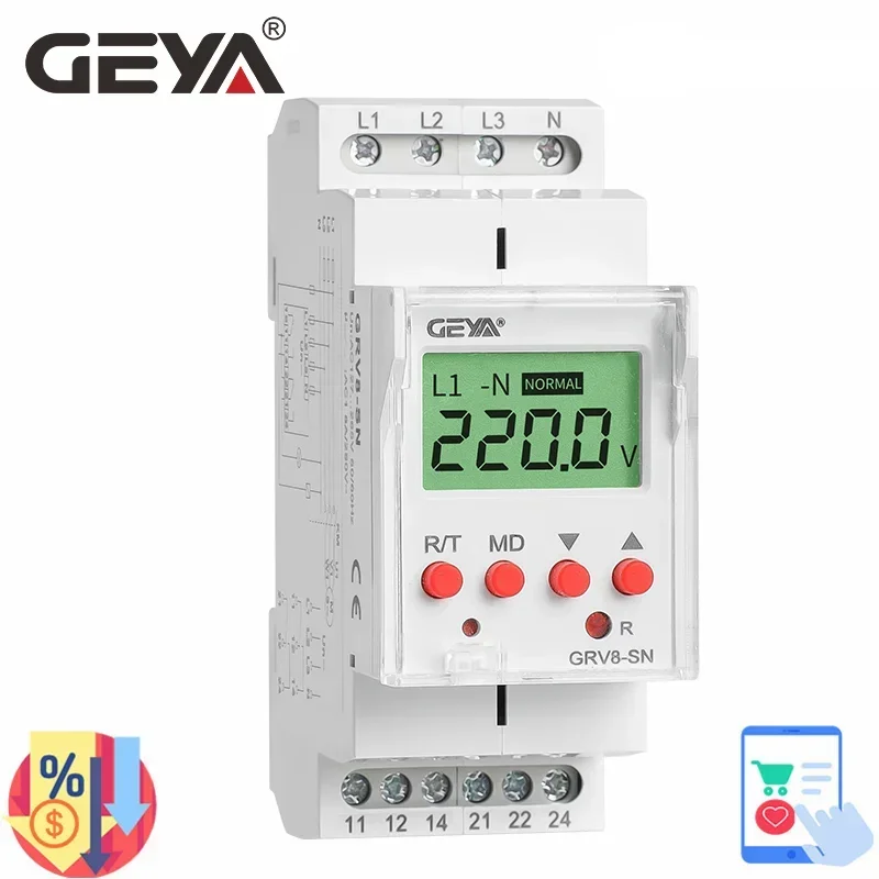 GEYA GRV8-SN/SP Over Voltage Under Voltage Protector Device with LCD Digital Display Voltage Relay 8A 70V-650V