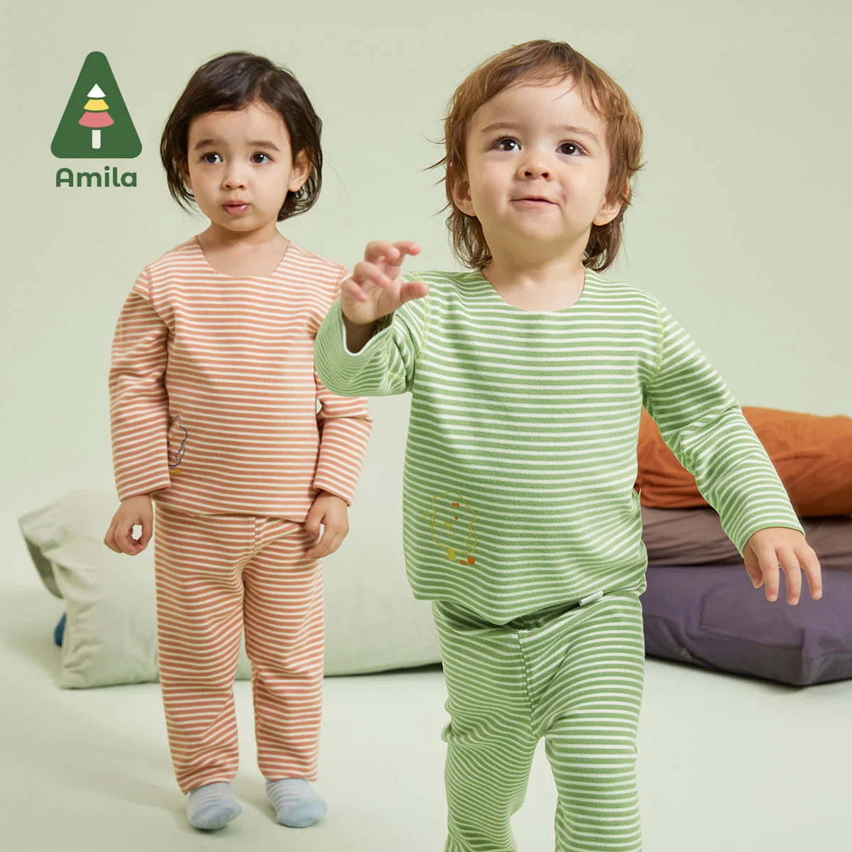 Amila Baby Underwear Set 2023 Autumn New Seamless Cutting Colors Pattern Printing  Boys Girls Cotton Children  Homewear Clothes