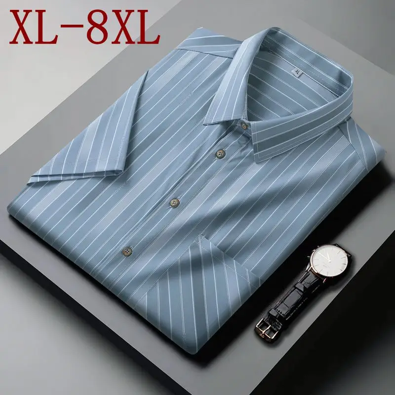 

8XL 7XL 6XL 2026 New Summer High End Business Striped Shirt Man Casual Loose Mens Shirts With Pocket Skin Friendly chemise homme