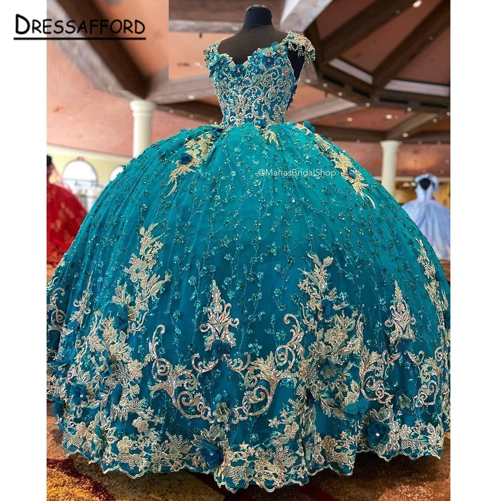 Hunter Green Glitter Sequined Crystal Quinceanera Dress Ball Gown Beading Tassel Gold Appliques Lace Corset Vestido De 15 Anos