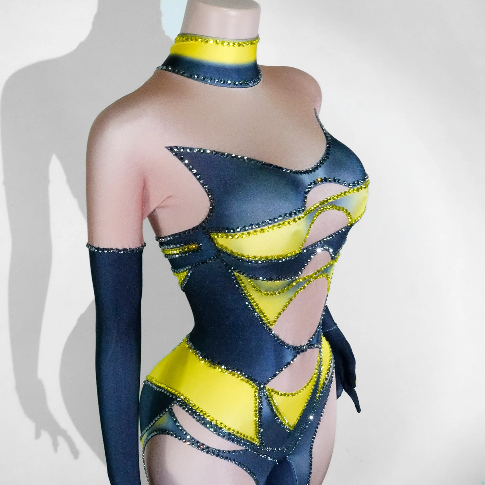 جديد أصفر حجر الراين مثير السيدات مرحلة الأداء Onepiece فستان ضيق حفلة عيد ميلاد المغني Dj الرقص سحب الملكة الزي