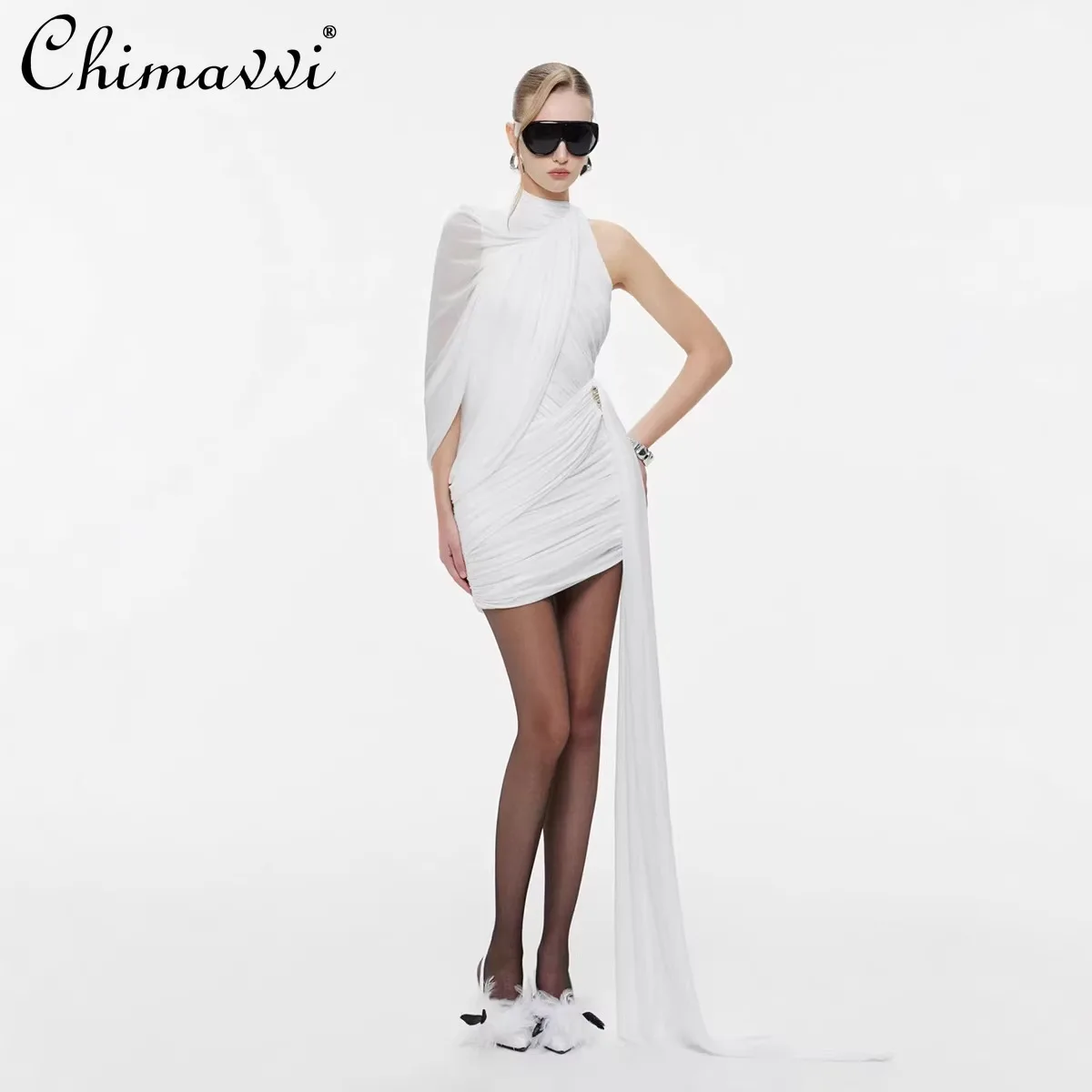 

Spring 2026 French Elegant High-end Sleeveless Off-Shoulder Pleated High Waist Slim Metal Decoration Sexy Party Mini Dress Women