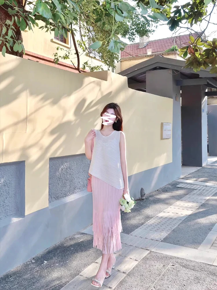 

Юбка с высокой талией и асимметричным подолом, плиссированная, женская, летняя, простая, с бахромой, в стиле кэжуал, из полиэфирного волокна