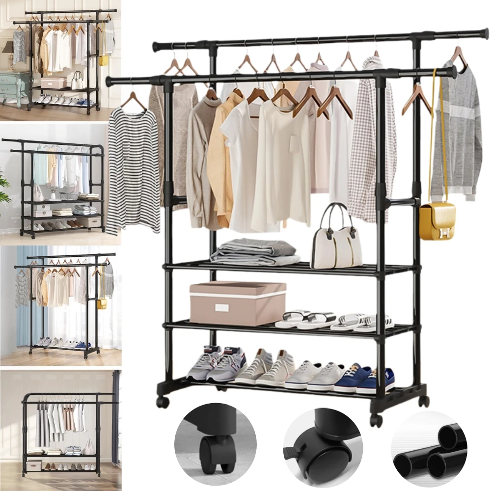 Porte-vêtements mobile en métal sur roulettes, 3 niveaux, conception à double rail, support à vêtements robuste en métal à double barre avec roulettes et hauteur réglable, porte-vêtements autoportant, assemblage facile requis, idéal pour les magasins de détail, les appartements