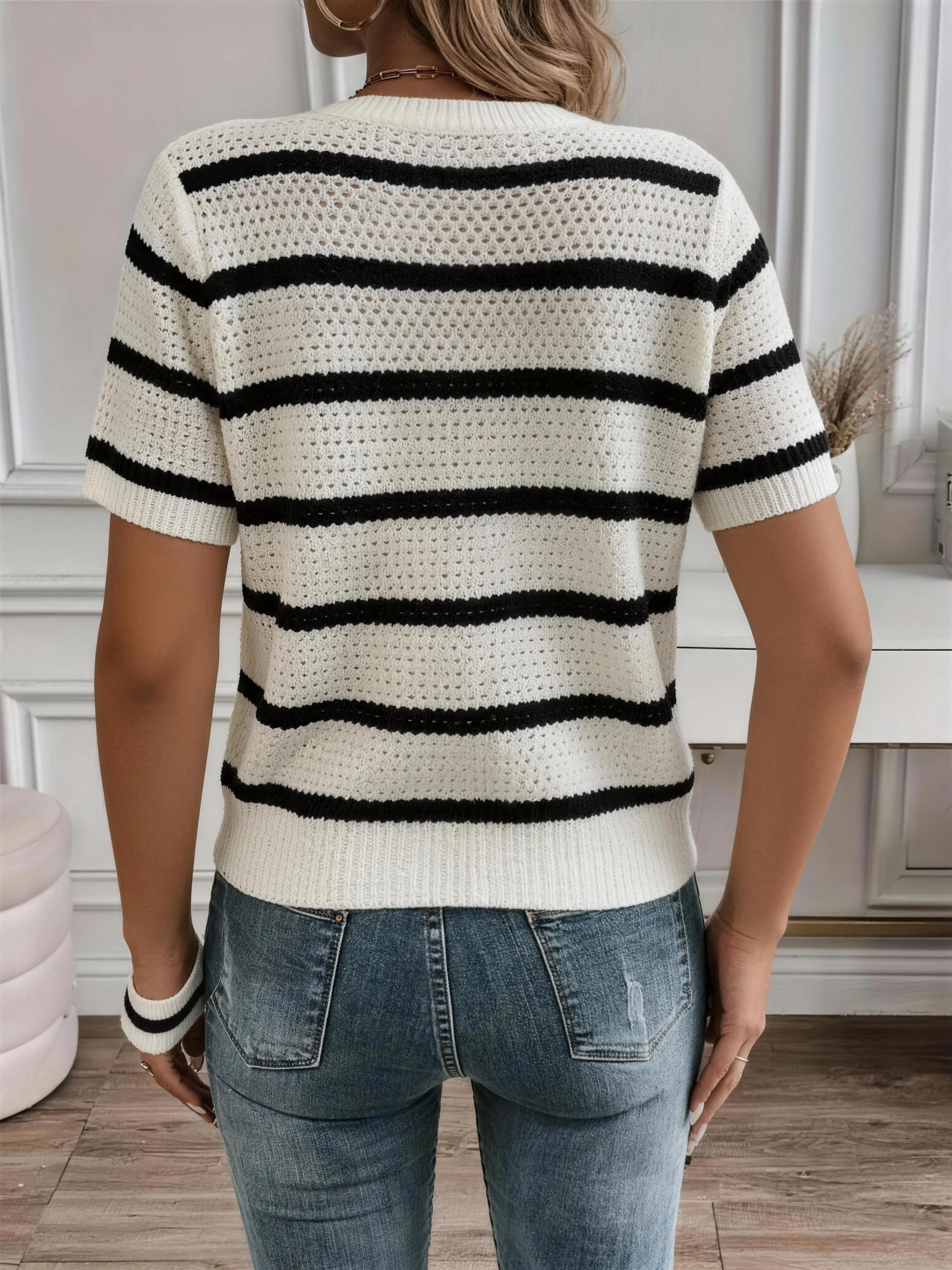 Women's Striped Knit Cardigan, Short Sleeve Hollow Out Sweater with Gold Buttons, Elegant Casual Knit Top for Spring Summer view 2