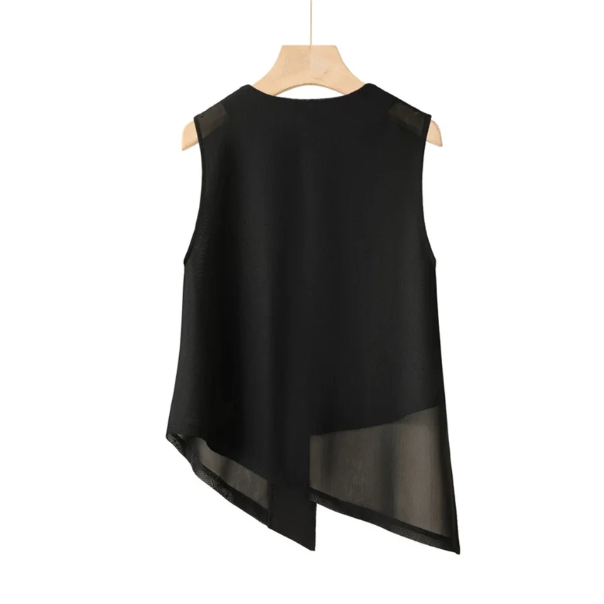 2026 New Women Black Mesh Vest Fashion Lady V-neck Vests Big Size Girl Sleeveless Jackets Short Paragraph Irregular Tops WZ2560