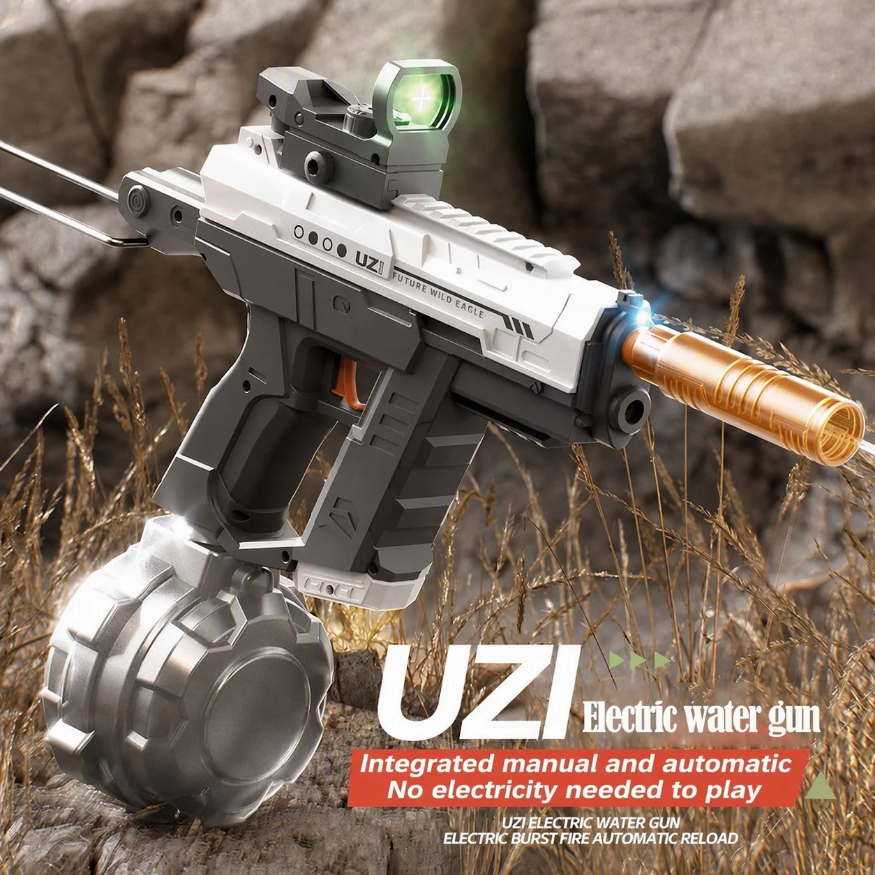 UZI Elektrische Wasserpistole mit Zielfernrohr, mechanischer Verbindung, kontinuierlicher Nachladung, automatische Spielzeugpistole für Kinder und Erwachsene
