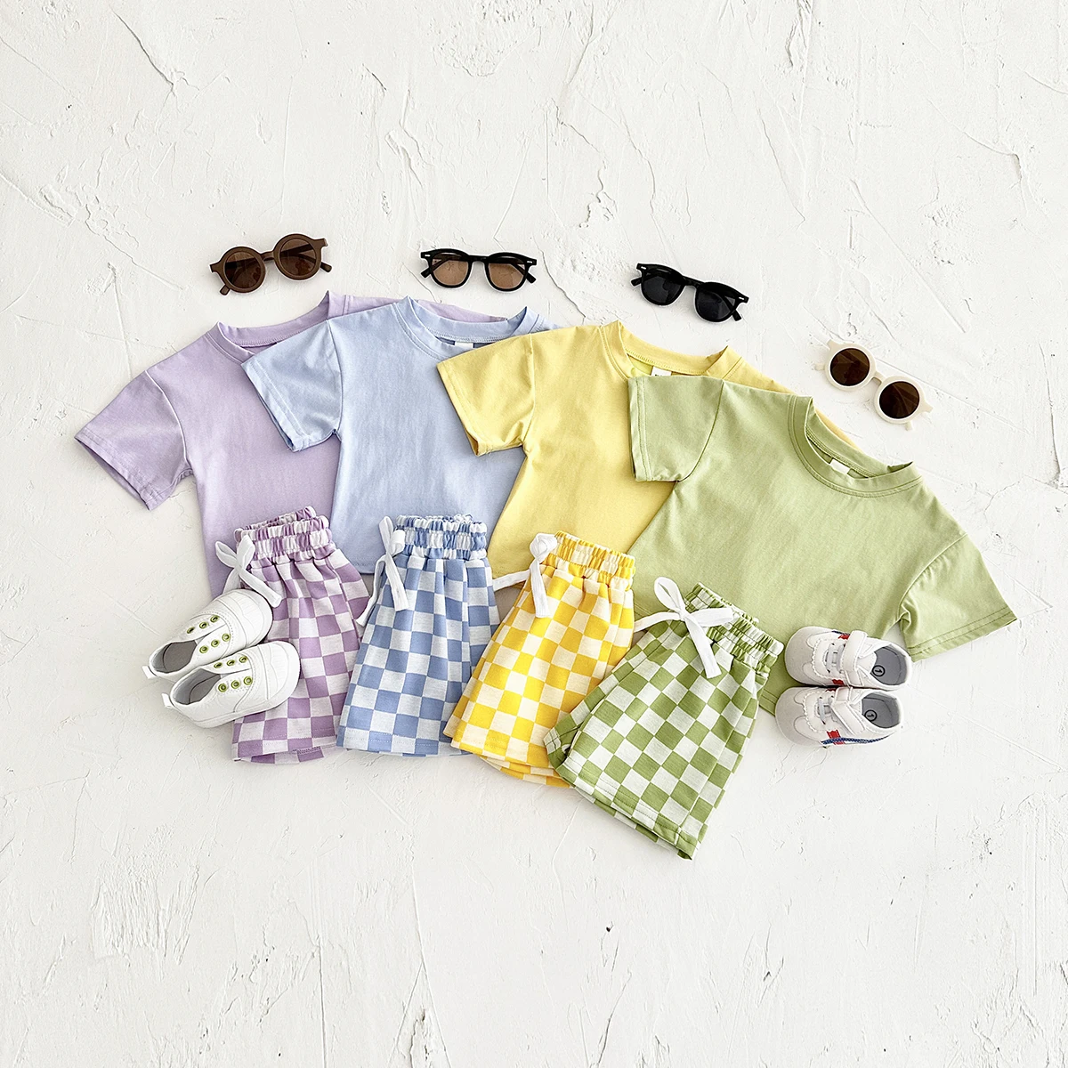 2PCS Summer Newborn Boys Girls Clothing Baby Set Solid Short Sleeved T-shirt+Checkerboard Shorts Cotton Casual 0-3Y