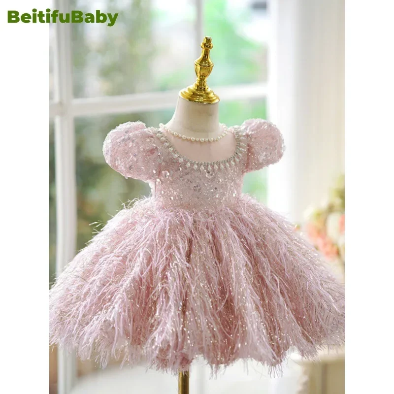 BeitifuBaby vestido de flores Retro Para niña, falda de plumas de perlas de manga corta, vestido de baile, banquete de boda, vestido de fiesta para niños, moda