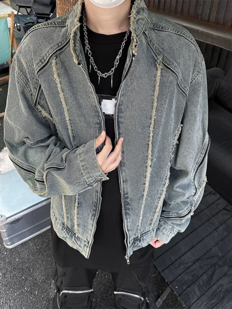 Jaqueta jeans masculina com zíper azul na moda de tecido original cowgirl lavado designer usado novo em roupas masculinas baixo preço casacos jeans masculinos