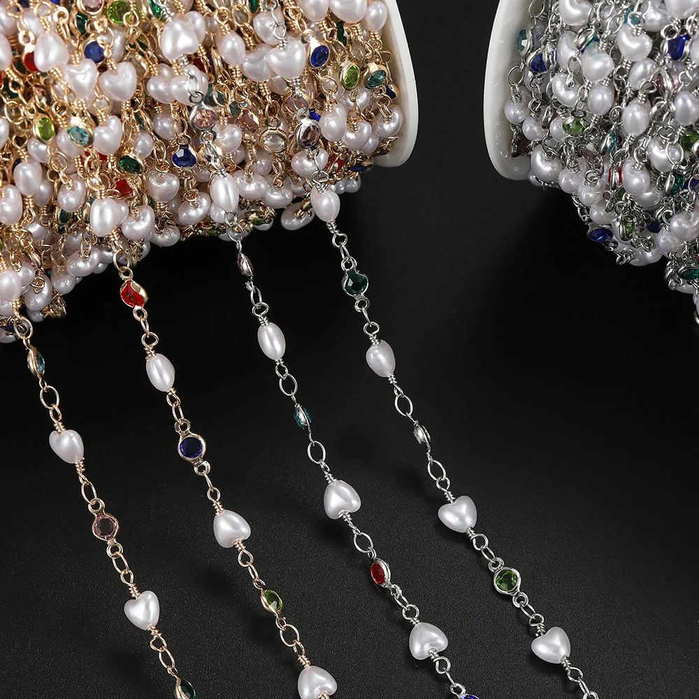 

1m Copper Beaded Chain With Heart Shaped Artifical Pearls for Handmade DIY Necklace Bracelet Ankle Chains Jewelry Making Chain