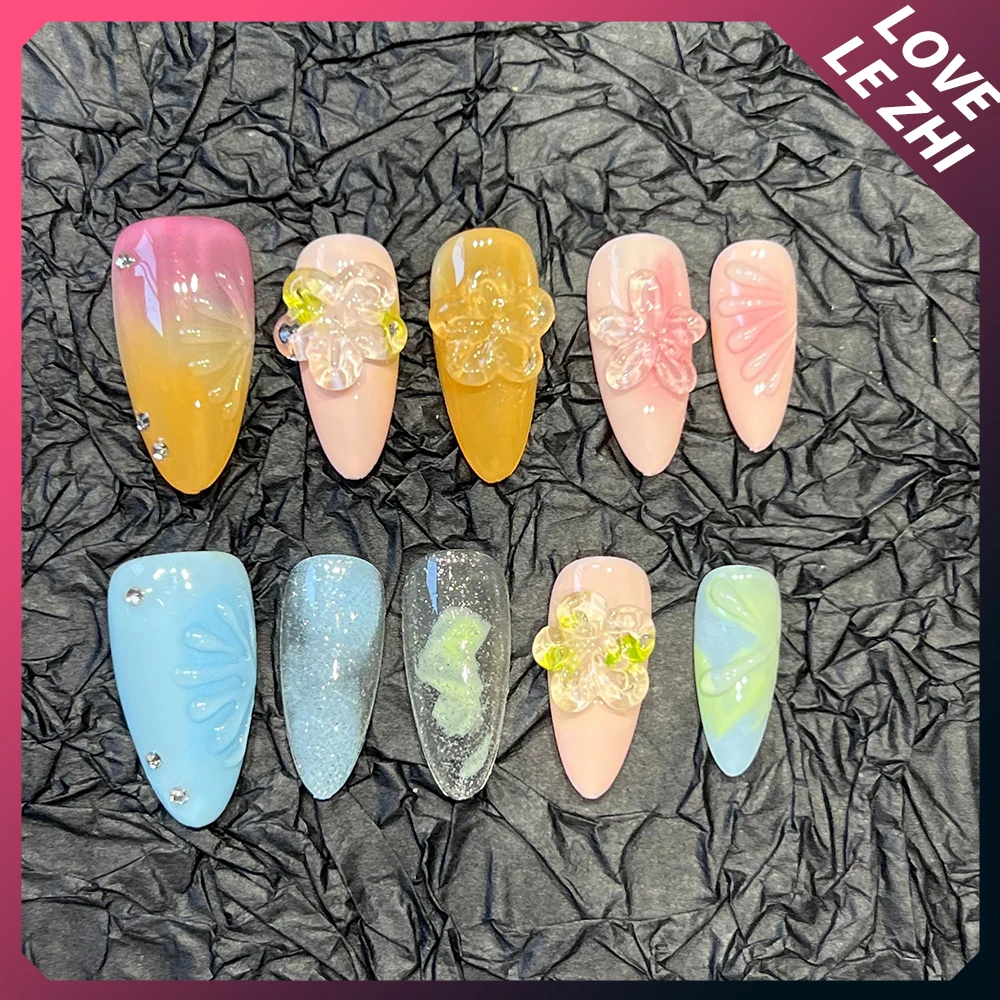 Pure Hand-Painted Short Almond Acrylic False Nail 3D Flower Diamond Full Cover Nail Removable Nail Art Birthday Present