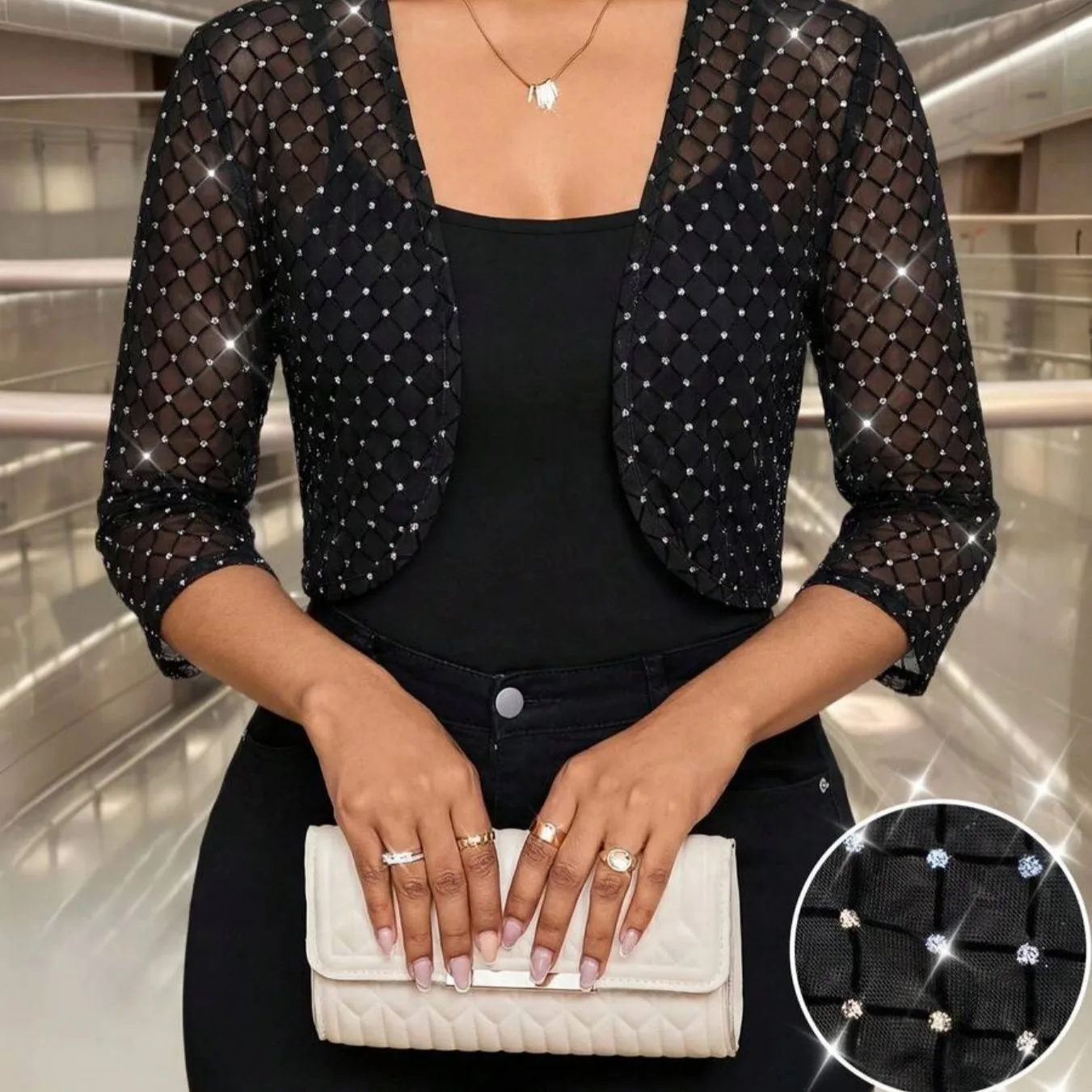 Cardigan Women's Sparkly Rhinestone Mesh Cropped Slimming Lightweight Summer Spring Cardigans Shrug Bolero Jacket