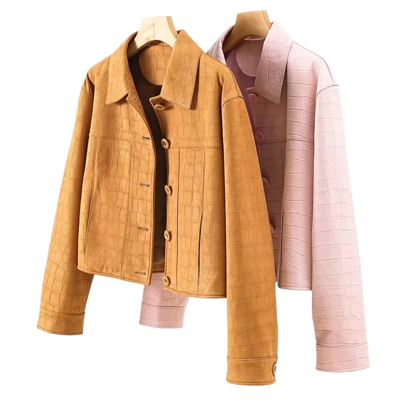 Giacca in pelle con motivo coccodrillo da donna 2025 Cappotto corto in vera pelle importata autunnale Taglio quadrato Ginger Slim Fit Haut Femme