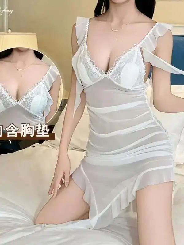 Kleid Elegant Sheer Sexy Pure Desire Nachthemd Falten Abnehmen Mesh Rückenfreies Design Mit Brust Pads Schlank Tank Kleid Tops Q2SS