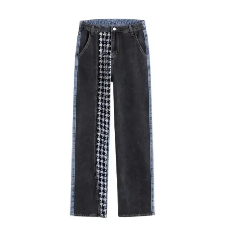 Plaid Denim Jeans Asymmetric Vintage Straight High Waist Loose Women's Pants Korean Fashion Full-Length Pants For Women 2023