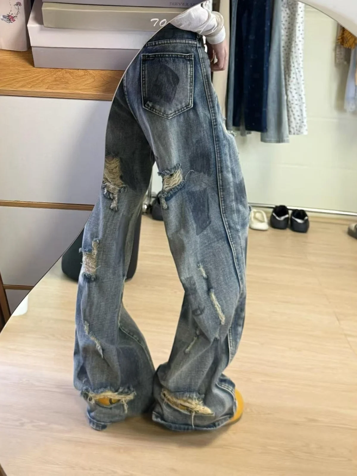 

American Retro Tie Dye Wide Leg Jeans Women Summer New Style Worn out Casual Floor Length Pants High Waist Loose Fit Jeans