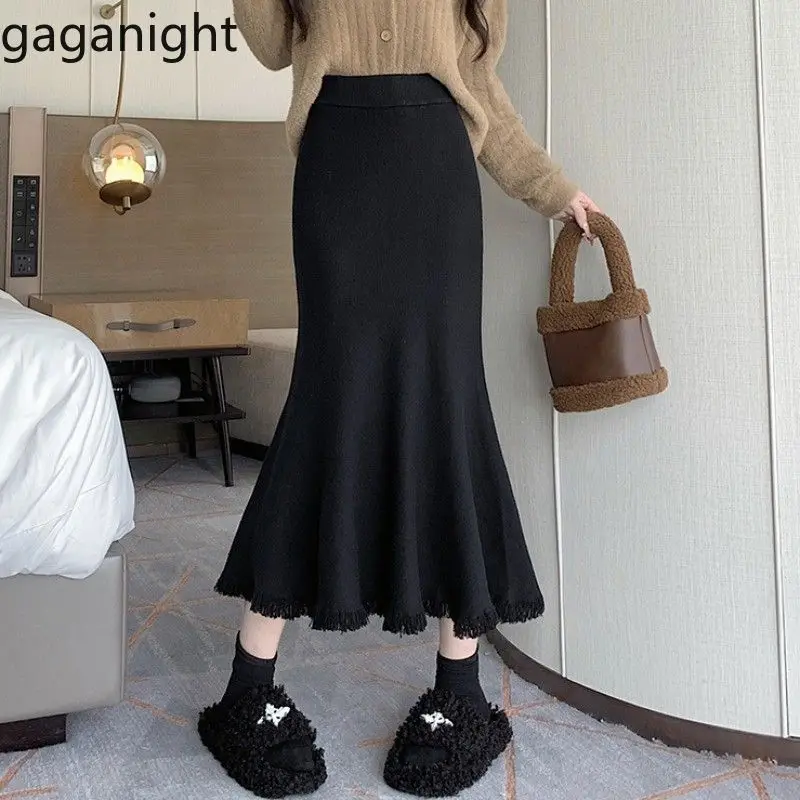 Gaganight Women Knitted Half Body Fishtail Skirt Women's Autumn 2024 New Style Hip Hugging Mid Long High Waisted Winter Skirt