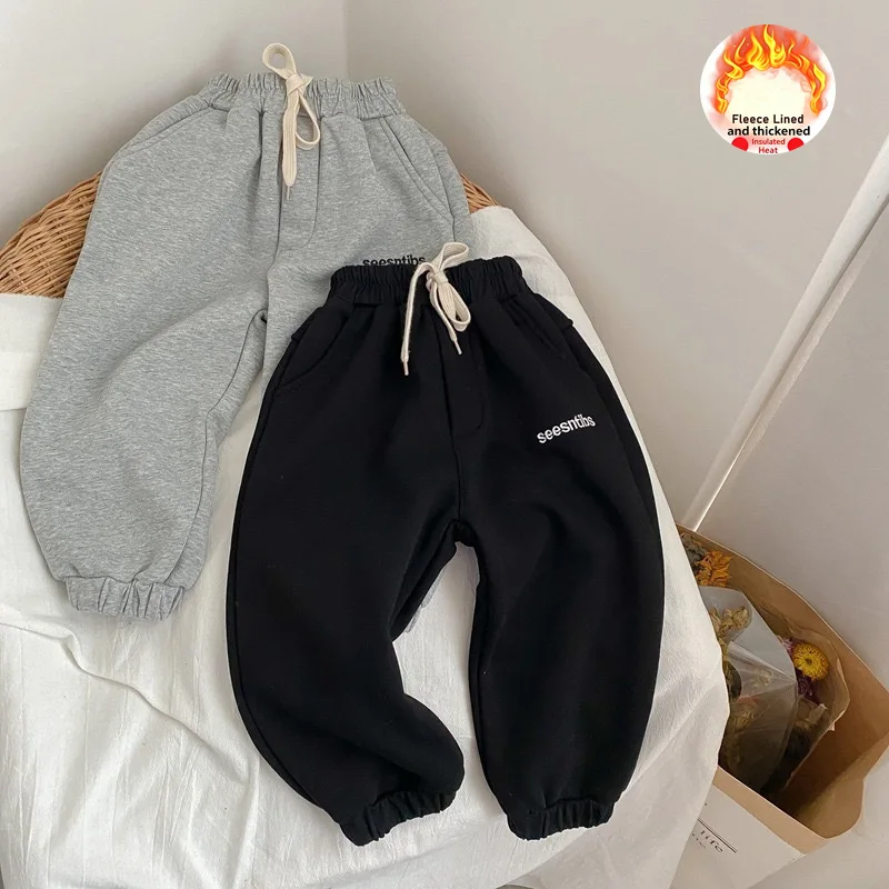 Winter Thick Pants Boys Outdoor Sporty Windproof Warm Trousers Children Daily Comfortable Plush Pants Kids Thermal Trousers