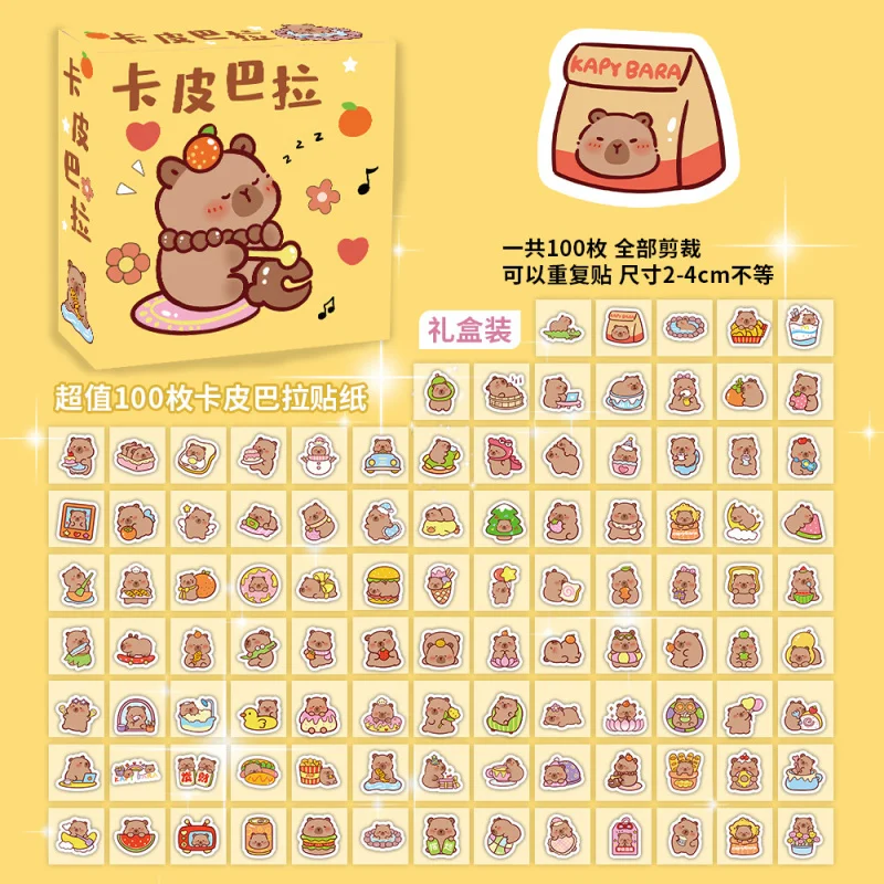 

100 шт., подарочная коробка, упаковка, кавайные наклейки с капибарой, детские игрушки, телефон, багаж, тетрадь, граффити, наклейки, украшение