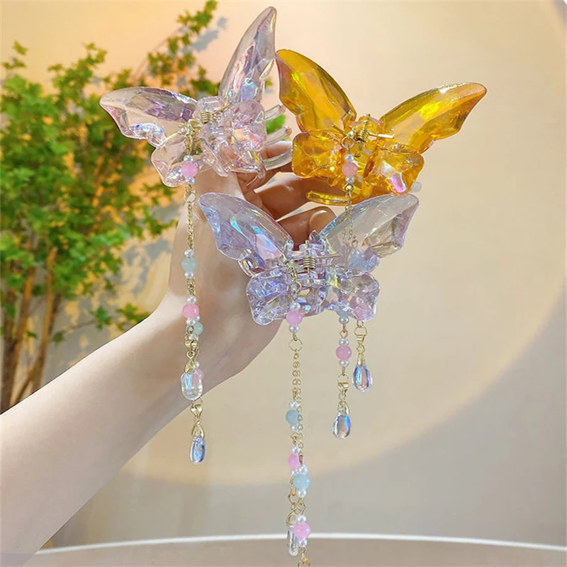 Fashion Crystal Butterfly Tassel Hair Claw Horsetail Hair Crab Clip Ladies Sweet Pendant Hair Claw Headdress Grab Clip