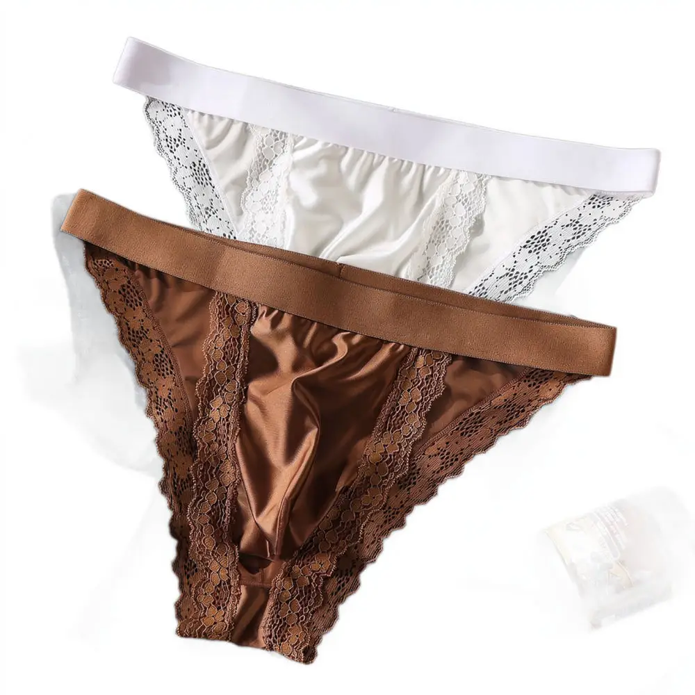 Mens Breathable Lace Briefs Low Rise Smooth Silk Underwear Elastic Sexy Bikini Panties For Lu Bao Zhu Undergarment