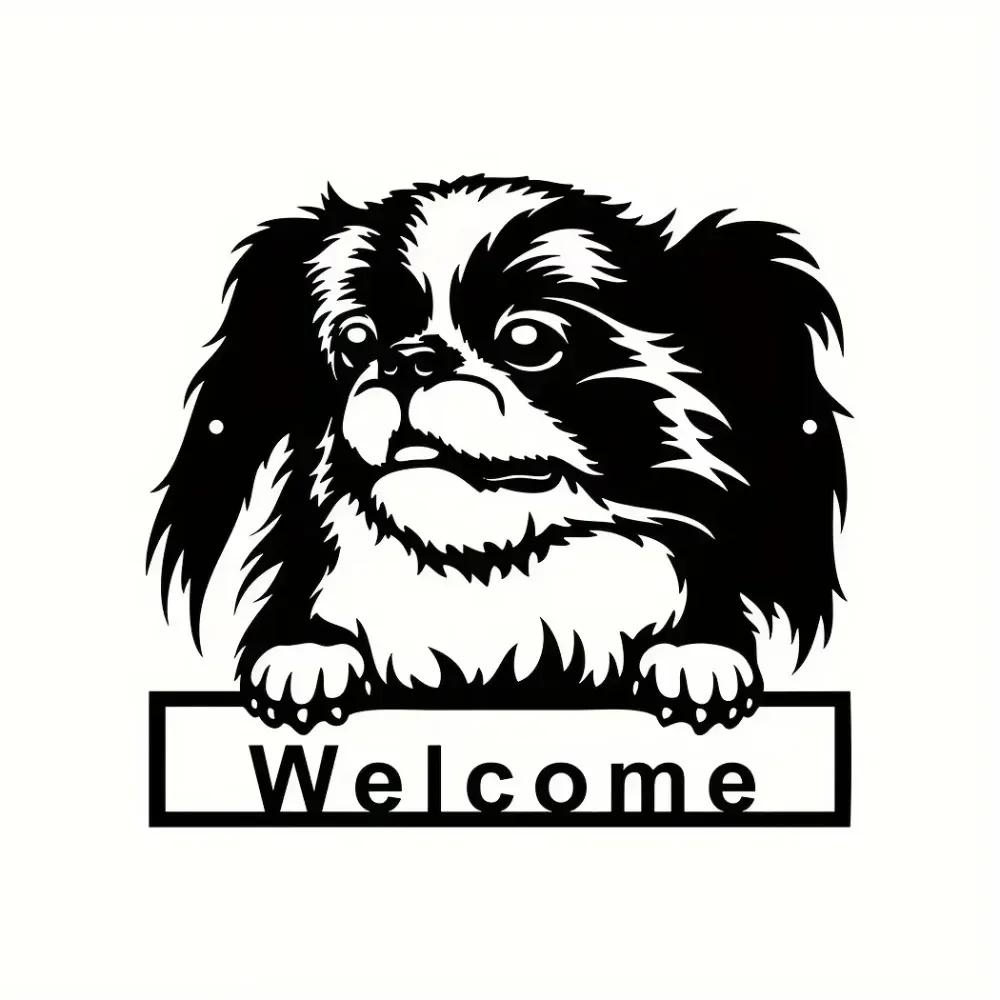 CIFBUY Japanese Chin Puppy Metal Welcome Sign 2D Flat Black Iron Hanging Sculpture Pet Lover Indoor Outdoor Home Decor