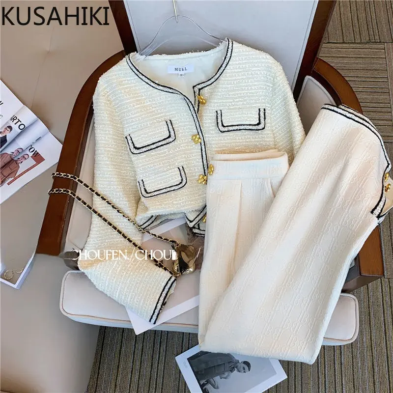 KUSAHIKI Fashion Causal Women Two Pieces Women Outfits Long Sleeve O-neck Short Coat + High Waist Wide Leg Pants Spring Autumn