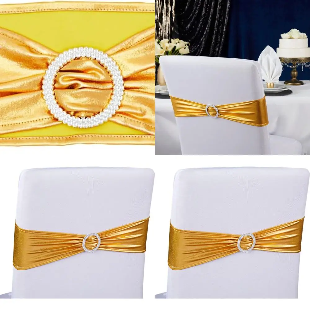 

Золотые пояса для стульев диаметром 13,5–16,5 из 100 предметов — эластичный полиэстер с серебряными пряжками — декор для свадьбы и вечеринки