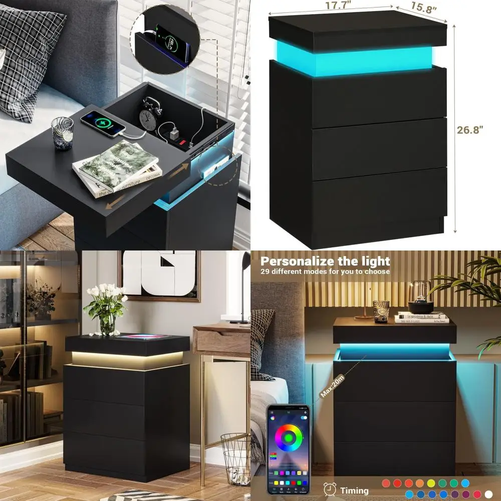 LED-lit Charging Station Nightstand with Sliding Top and Drawers in Modern Black