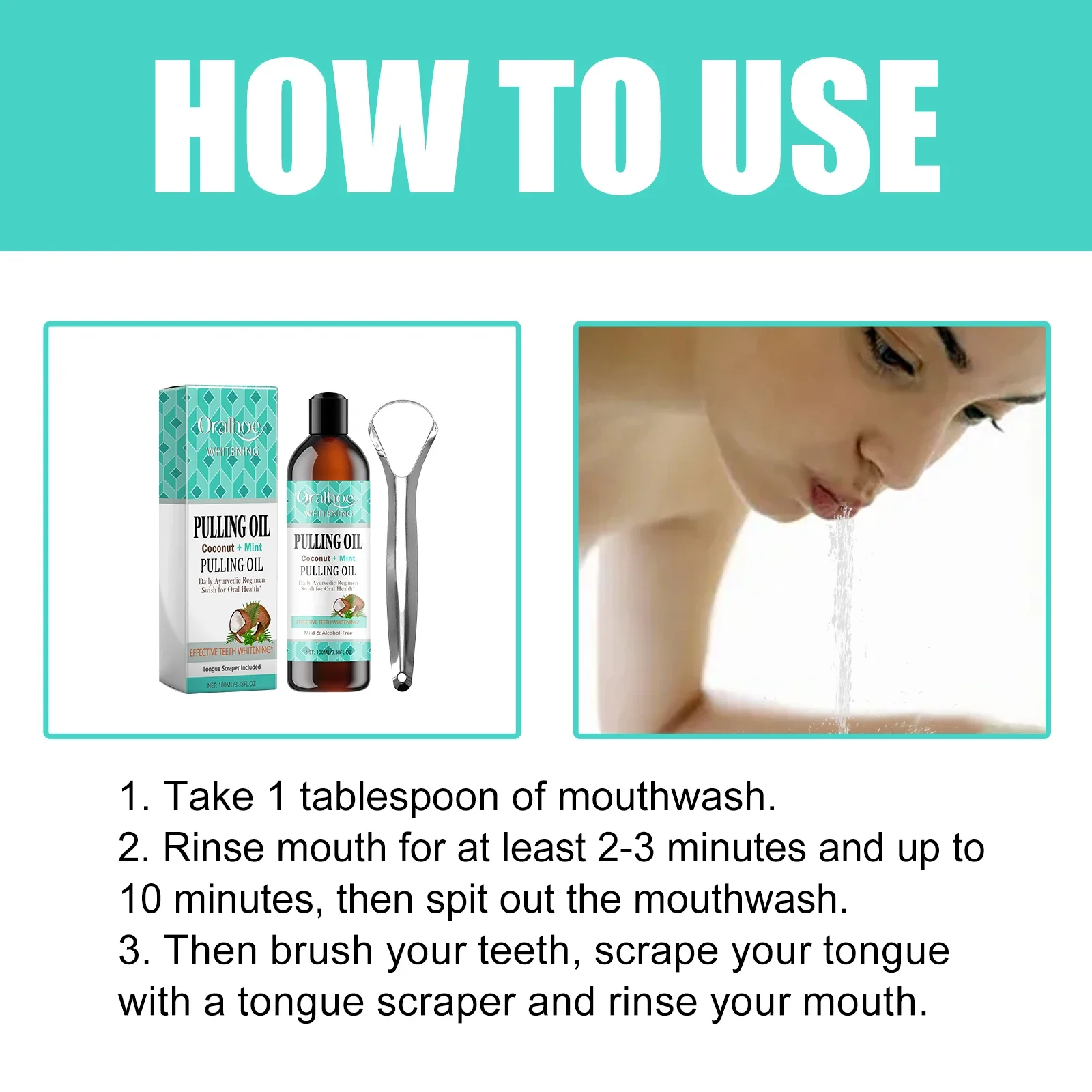 جوز الهند النعناع سحب النفط غسول الفم عدة مع اللسان مكشطة الطازجة الفم التنفس رائحة إزالة الكحول خالية تبييض أداة العناية بالفم #6