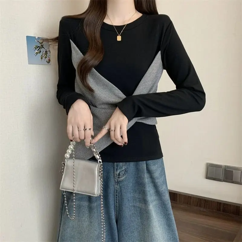 

Женская футболка из двух предметов с длинными рукавами, осень-зима, слегка толстая, M, большой размер, дизайн, нерегулярный, облегающий, тонкий топ