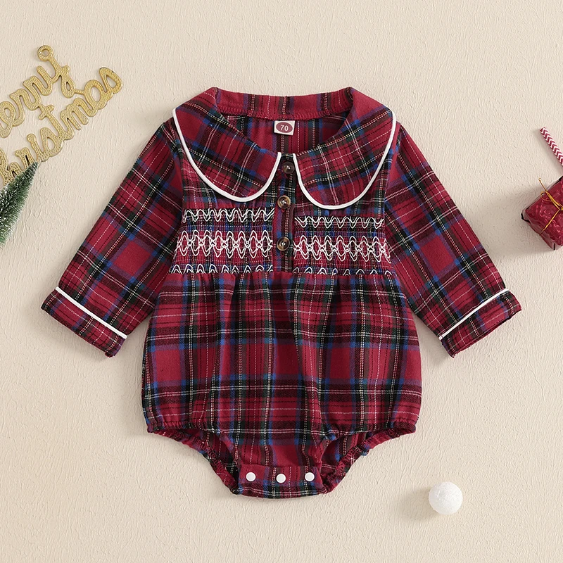 2024-07-26 Lioraitiin Baby Girl Christmas Bodysuit Short Sleeve Doll Collar Plaid Print Romper Newborn Winter Playsuit