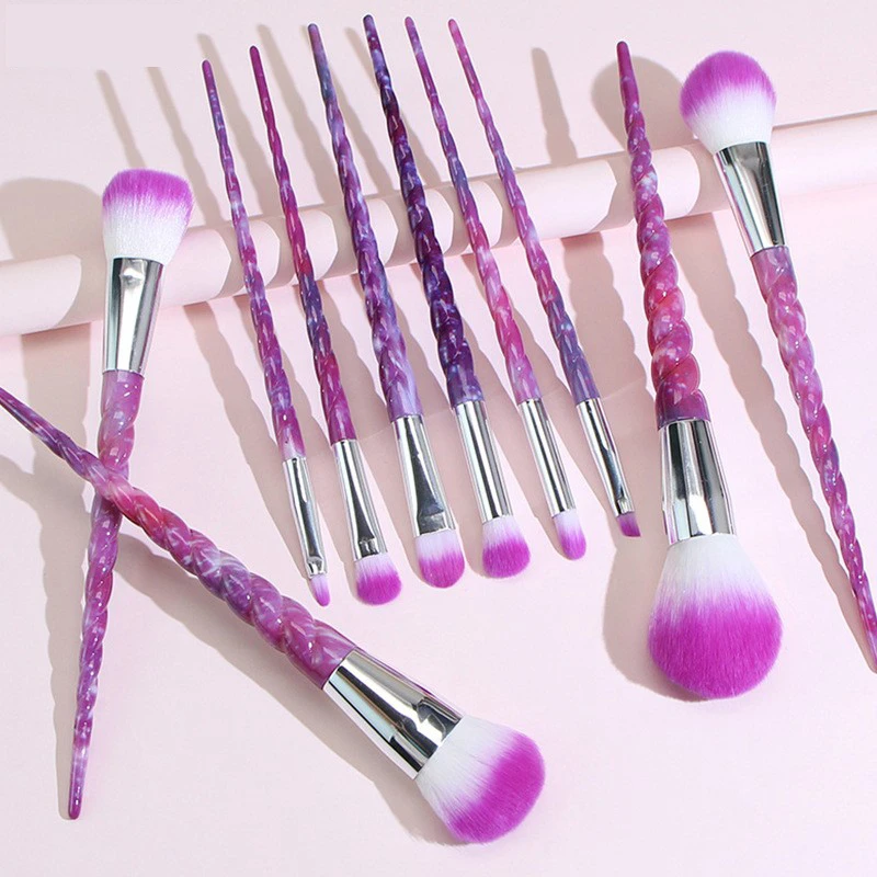 10 unids/set mango en espiral brillante en color pincel de maquillaje en polvo de agarre fuerte con soporte personalizado