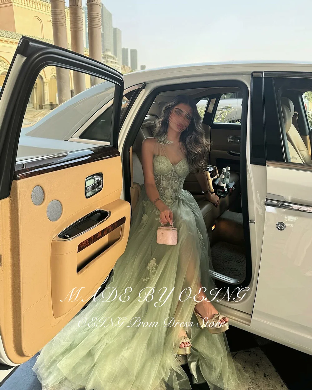 OEING Green One-Shoulder A-line Prom Dress Sweetheart Lace Embroidery Vestidos De Fiesta Sexy Side Split Tulle فساتين سهرة