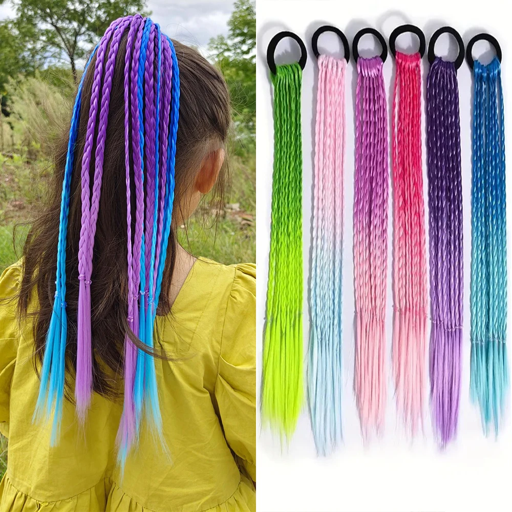 Synthetic Braids Hair Extensions With Rubber Bands Colorful Wig Kids Twist Braid Rope Ponytail Ornament Headdress