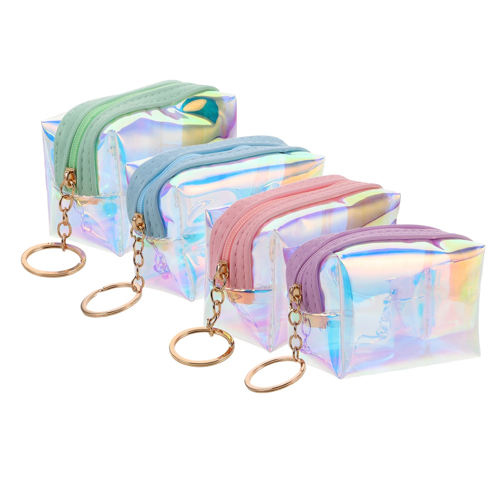 

4Pcs Mini Coin Purse Keychain Wallet Laser Holographic Heart Design Portable Small Zipper Pouch for Girls Change Storage Travel