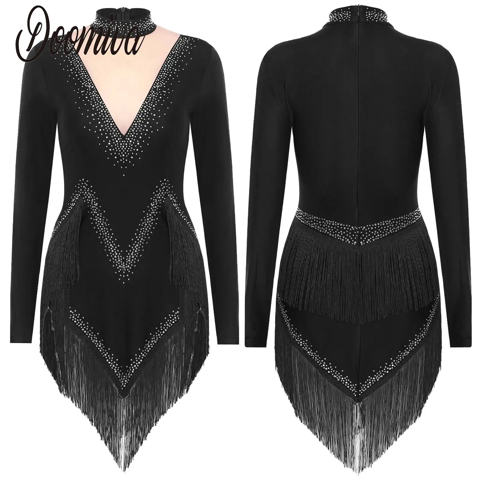 

Tassel Latin Dance Dress for Women Lady Sparkly Rhinestones Irregular Hem Leotard Dress Jazz Tango Cha-cha Salsa Rumba Dancewear