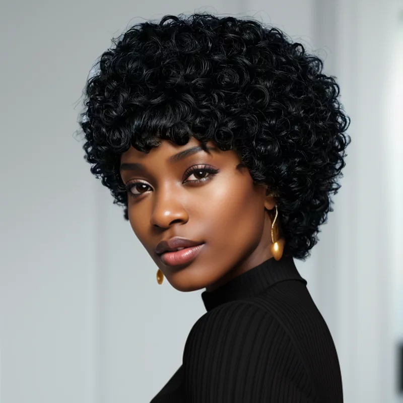 

10-дюймовый короткий кудрявый парик из натуральных волос Реми машинной работы, короткий парик-пикси с челкой, с имитацией лысых участков кожи головы, нескользящий