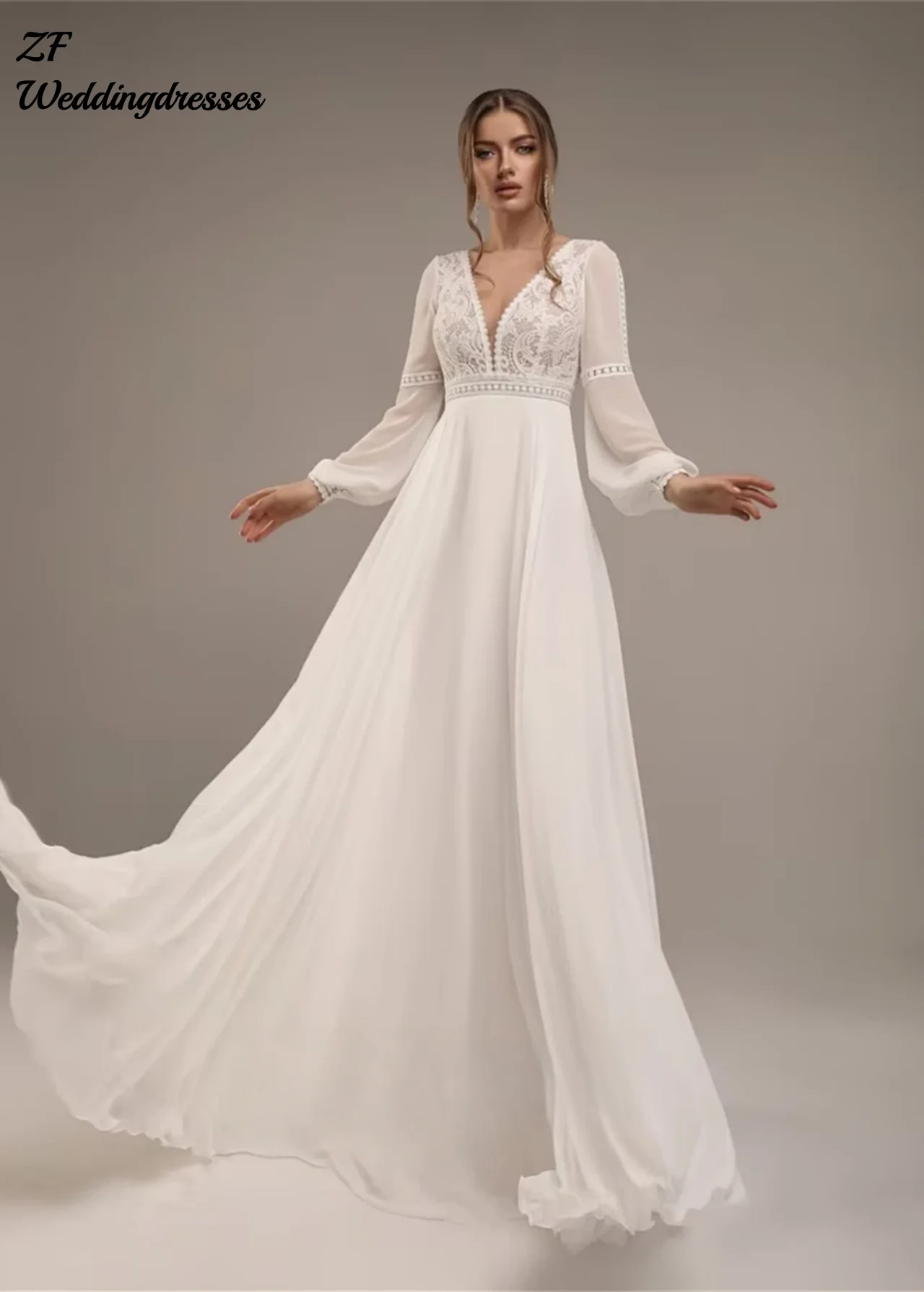 

Customized White Chiffon V-neck Long Sleeves Wedding Dress Boho Soft Temperament Bridal Gowns Lace Vestido De Novia Sweep Train