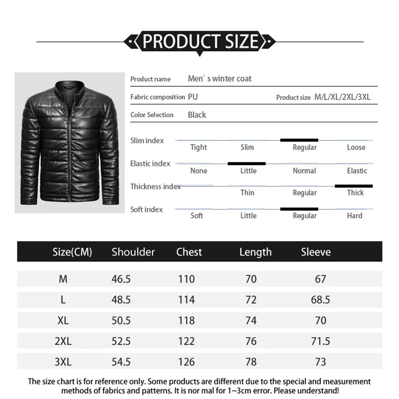 Autumn And Winter PU Leather Cotton Jacket, Black Standing Collar, Down Cotton Jacket, Motorcycle Jacket, Men\'s Jacket,