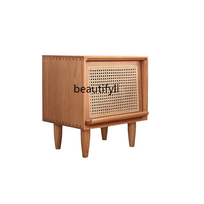 

Nordic Bedside Table Light Luxury Solid Wood Rattan Storage Cabinet B & B Bedroom Storage Cabinet Small Apartment