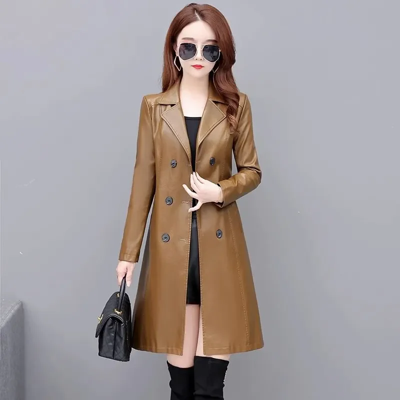 2024 Autumn Winter New Chic Leather Trenchcoat Jacket Women's Overcoat Mid-Length Slim Korean Slimming Sheepskin Coat Tops