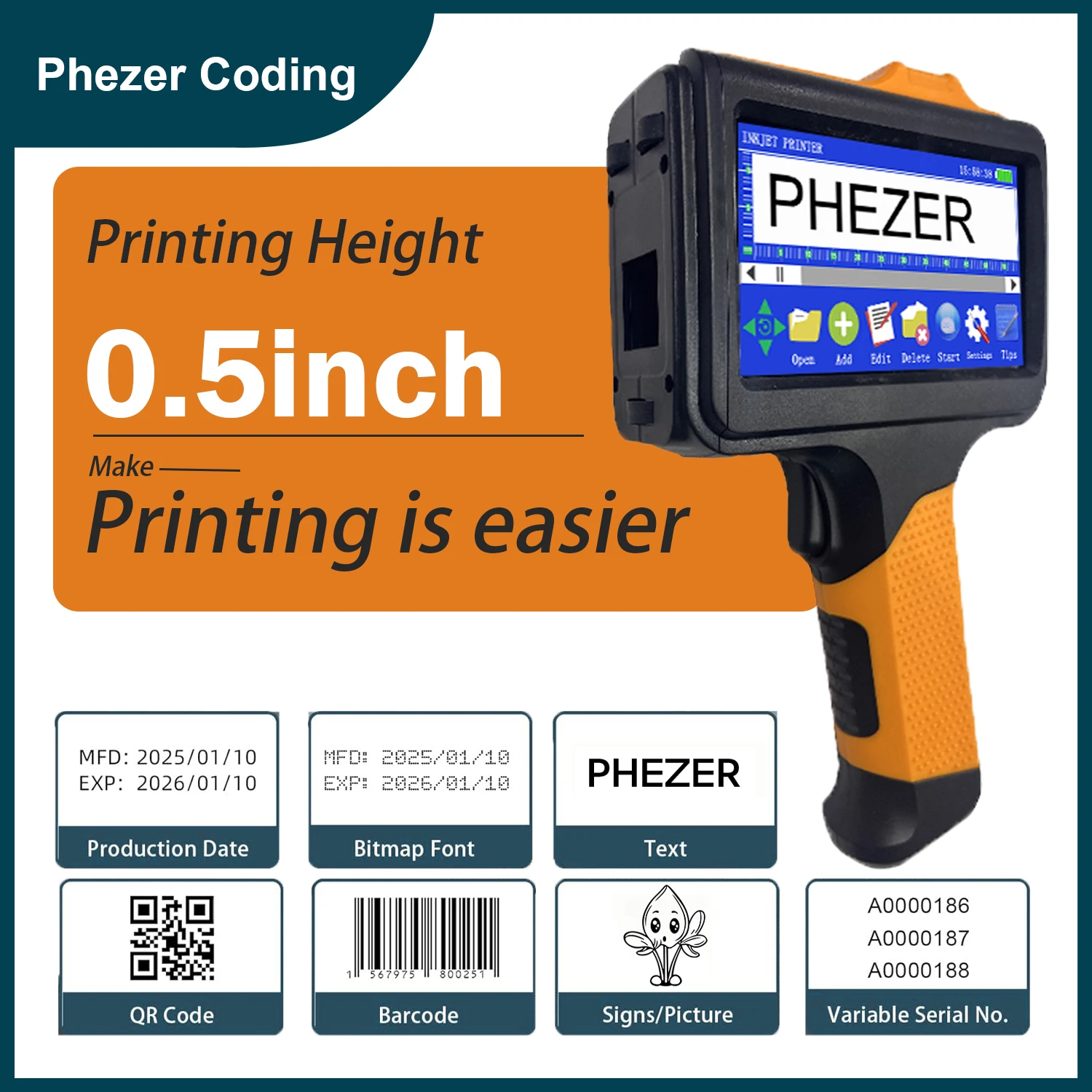Phezer 2025 جديد P19 برتقالي طابعة نافثة للحبر محمولة 12.7 مللي متر طابعة محمولة QR بار دفعة رمز التاريخ رقم الشعار تاريخ انتهاء الصلاحية التسمية