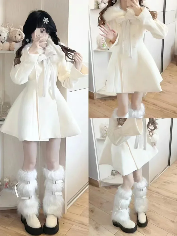 Sweet Fur Collar Bowknot Woolen Coat Woman Winter New Elegant Milky White Long Sleeve Fitted Waist Mid-length Overcoat Female