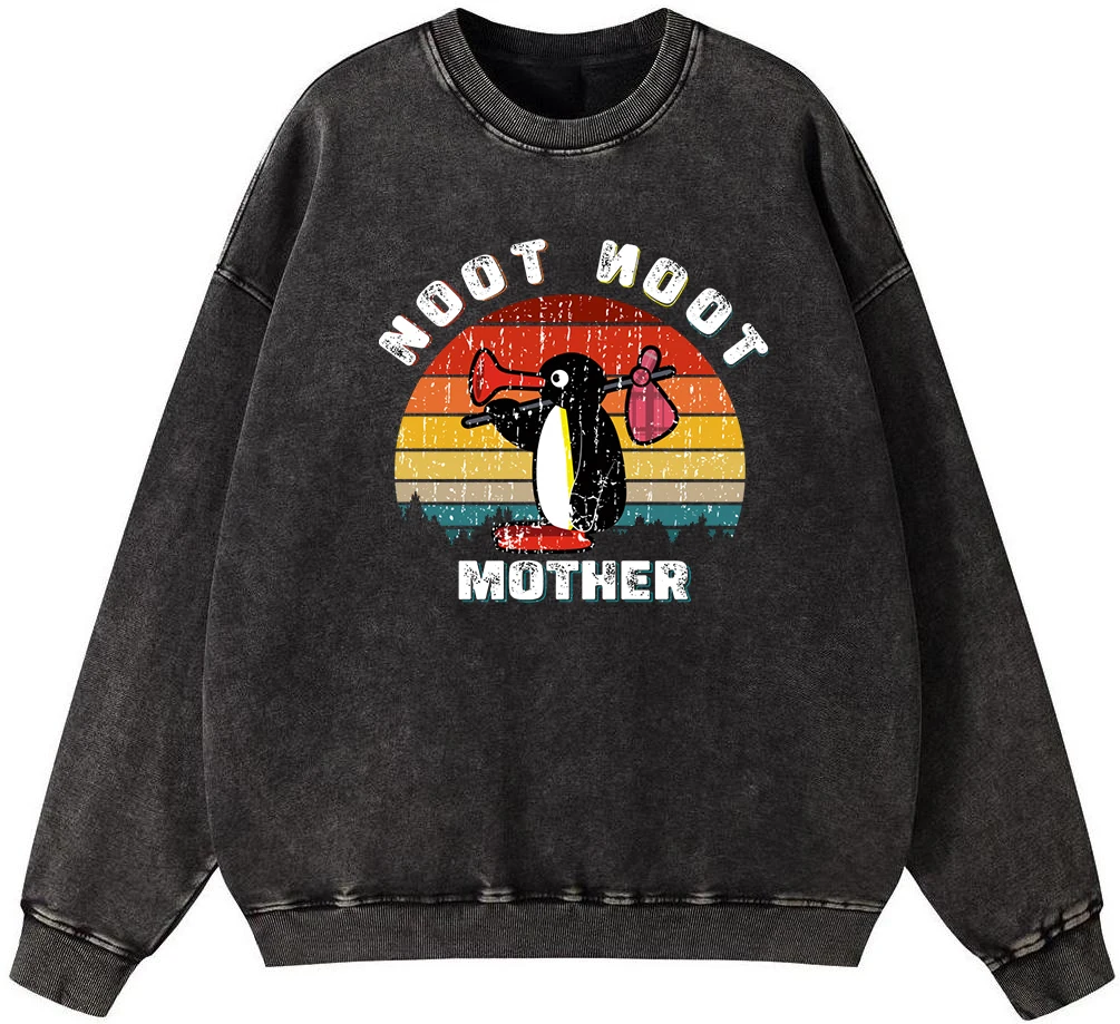 Noot Noot Pingu Retro Funny Ulzzang Men Vintage Washed Cotton Sweatshirt Harajuku Warm Pullover Hoodie Autumn Oversize Clothing