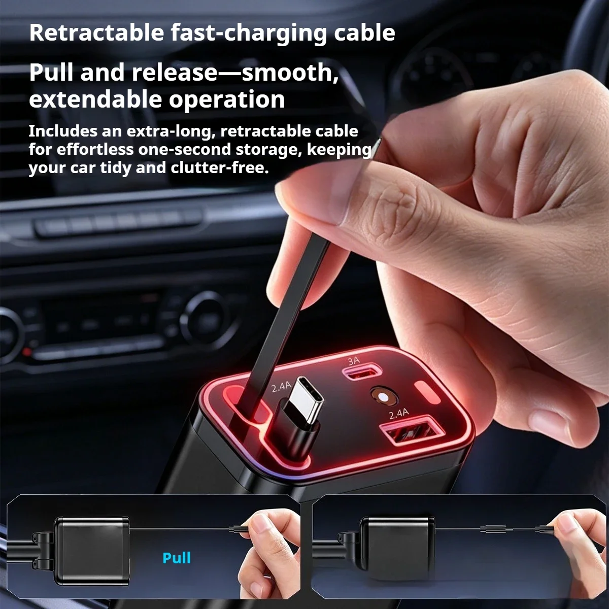 Starry‑Sky Projection Car Fast Charger,4‑in‑1 Retractable Cable Cigarette Lighter Adapter For IOS & Android