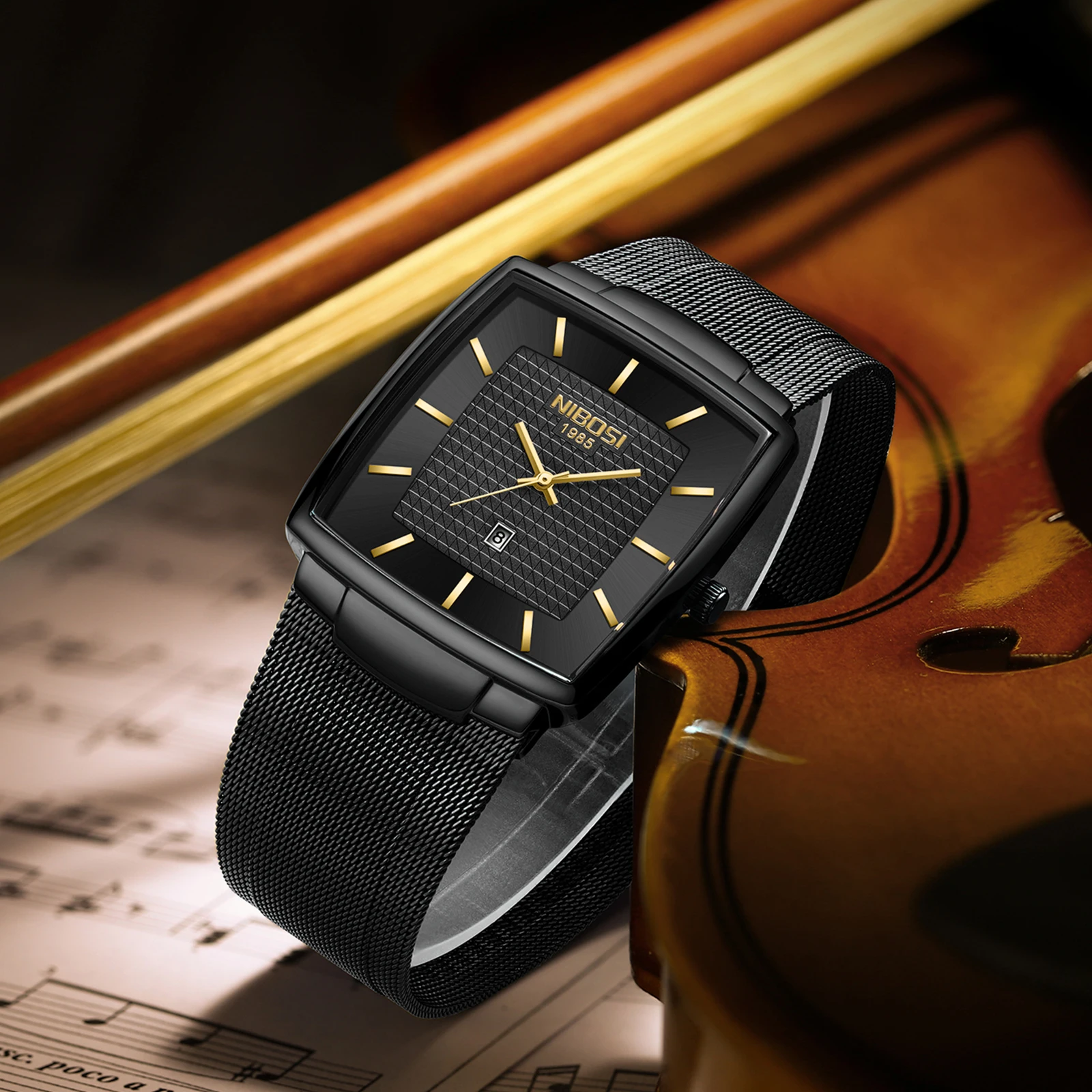 NIBOSI Mens Watches Top Brand Luxury Square Quartz Watch Men Slim Mesh Waterproof Sport Wristwatch Date Luminous Reloj Hombre