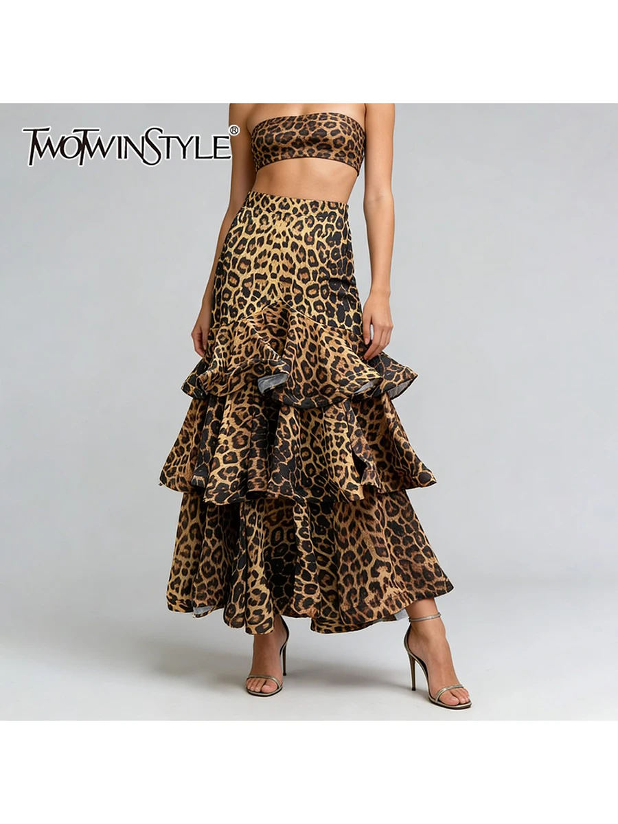 TWOTWINSTYLE ヒョウ柄スリムスプライスフリルファッションスカート女性のためのハイウエストデザインセンスロングスカート女性の秋の服