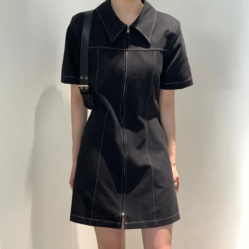 

Women Lapel Mini Dress Contrast Color Line Pocket Slim Waist Short Dresses 2023 Summer New Tide Female Zipper Vestido 8875